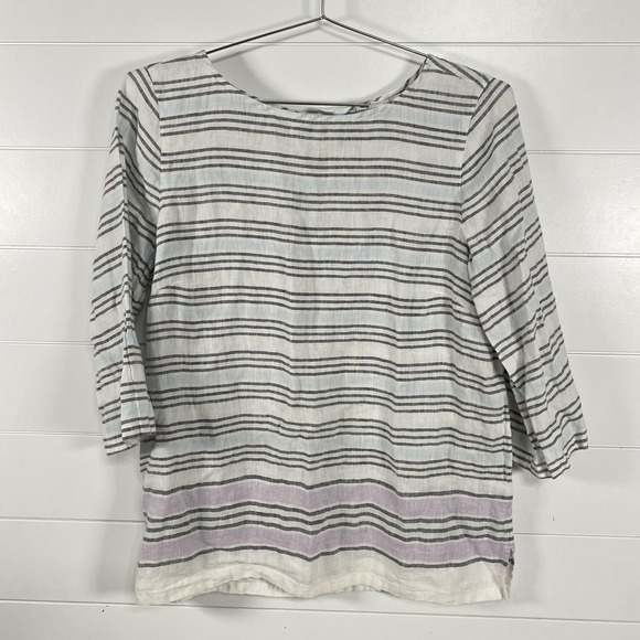 J Jill Love Linen Tunic Womens Medium Blue White Striped Button Back Top Shirt - Picture 1 of 11